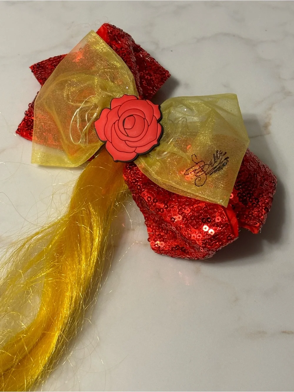 Disney Princess Belle Red Sequin Bow Hair Clip with Yellow Ponytail